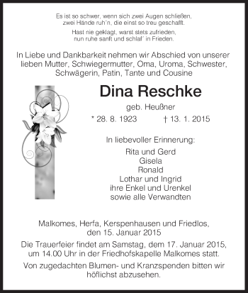 Traueranzeige von Dina Reschke von Hersfeld