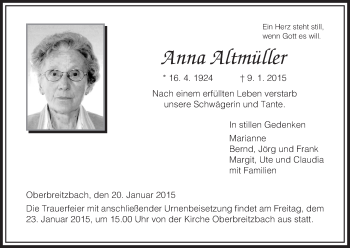 Traueranzeige von Anna Altmüller von Hersfeld