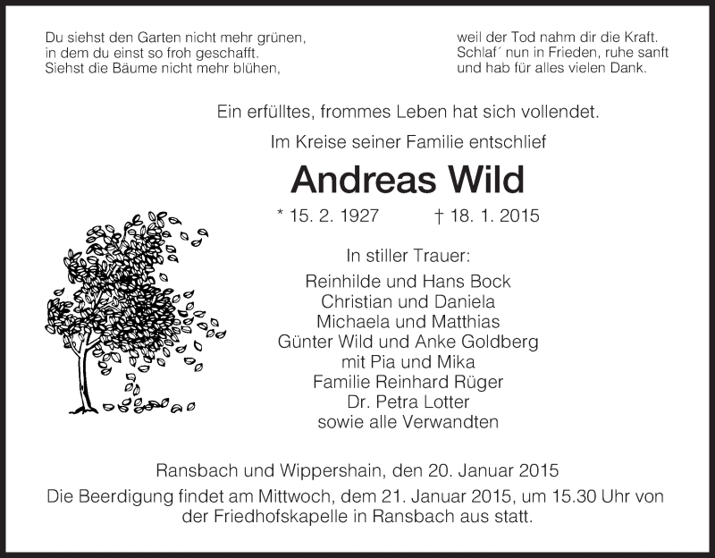  Traueranzeige für Andreas Wild vom 20.01.2015 aus Hersfeld