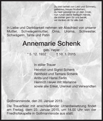 Traueranzeige von Annemarie Schenk von Hersfeld