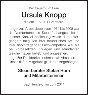 Traueranzeige von Ursula Knopp von HERSFELDER ZEITUNG