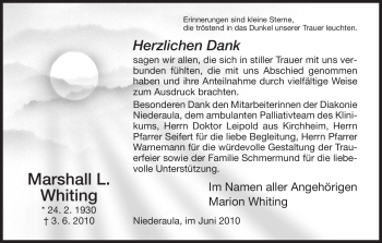Traueranzeige von Marshall L. Whiting von HERSFELDER ZEITUNG