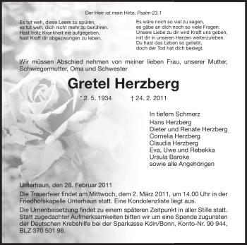 Traueranzeige von Gretel Herzberg von HERSFELDER ZEITUNG