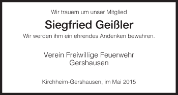 Traueranzeige von Siegfried Geißler von Hersfeld