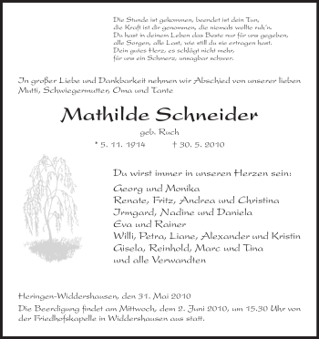 Traueranzeige von Mathilde Schneider von HERSFELDER ZEITUNG