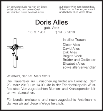 Traueranzeige von Doris Alles von HERSFELDER ZEITUNG