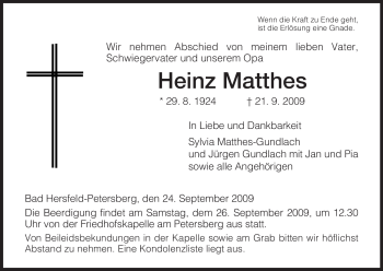 Traueranzeige von Heinz Matthes von HERSFELDER ZEITUNG