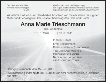 Traueranzeige von Anna Marie Trieschmann von HERSFELDER ZEITUNG