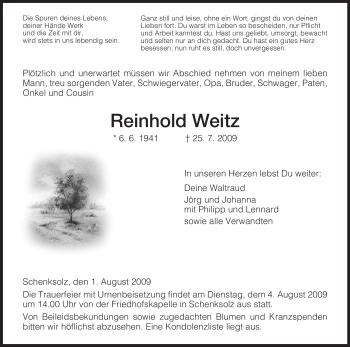 Traueranzeige von Reinhold Weitz von HERSFELDER ZEITUNG