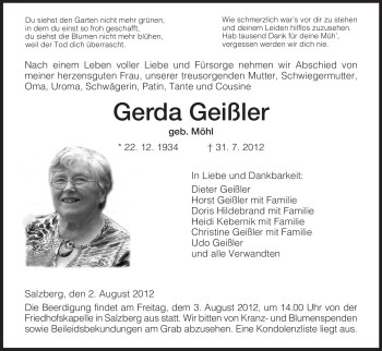 Traueranzeige von Gerda Geißler von HERSFELDER ZEITUNG