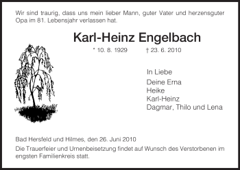 Traueranzeige von Karl-Heinz Engelbach von HERSFELDER ZEITUNG