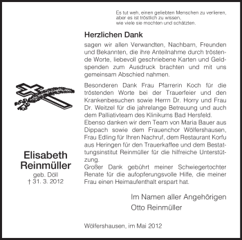 Traueranzeige von Elisabeth Reinmüller von HERSFELDER ZEITUNG