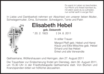 Traueranzeige von Elisabeth Hebel von HERSFELDER ZEITUNG