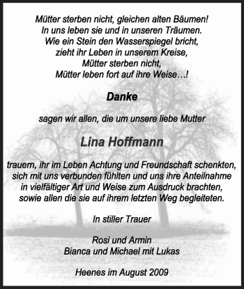 Traueranzeige von Lina Hoffmann von HERSFELDER ZEITUNG