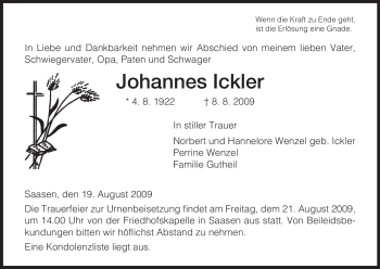 Traueranzeige von Johannes Ickler von HERSFELDER ZEITUNG