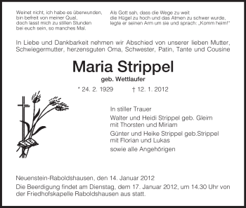 Traueranzeige von Maria Strippel von HERSFELDER ZEITUNG