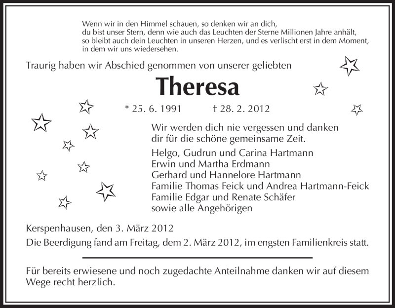  Traueranzeige für Theresa Hartmann vom 03.03.2012 aus HERSFELDER ZEITUNG