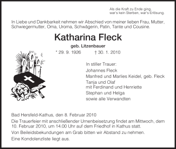 Traueranzeige von Katharina Fleck von HERSFELDER ZEITUNG