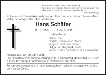 Traueranzeige von Hans Schäfer von Hersfeld