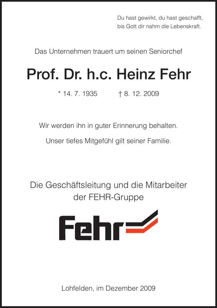  Traueranzeige für Heinz Fehr vom 11.12.2009 aus HERSFELDER ZEITUNG