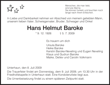 Traueranzeige von Hans Helmut Baroke von HERSFELDER ZEITUNG