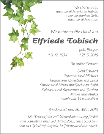 Traueranzeige von Elfriede Tobisch von Hersfeld