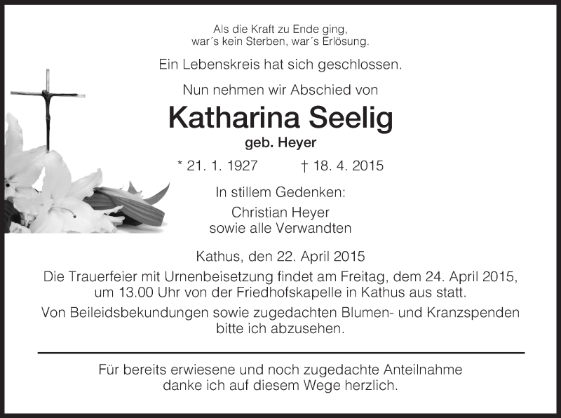  Traueranzeige für Katharina Seelig vom 22.04.2015 aus Hersfeld
