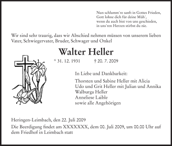 Traueranzeige von Walter Heller von HERSFELDER ZEITUNG