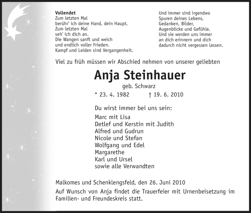  Traueranzeige für Anja Steinhauer vom 26.06.2010 aus HERSFELDER ZEITUNG