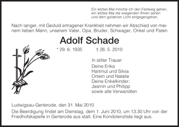 Traueranzeige von Adolf Schade von HERSFELDER ZEITUNG