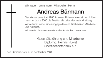 Traueranzeige von Andreas Bärmann von HERSFELDER ZEITUNG