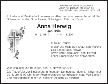 Traueranzeige von Anna Herwig von HERSFELDER ZEITUNG