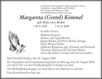 Traueranzeige von Margareta Kimmel von HERSFELDER ZEITUNG