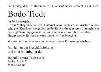 Traueranzeige von Bodo Tiedt von HERSFELDER ZEITUNG