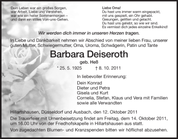 Traueranzeige von Barbara Deiseroth von HERSFELDER ZEITUNG