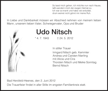 Traueranzeige von Udo Nitsch von HERSFELDER ZEITUNG