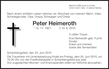 Traueranzeige von Peter Heimeroth von HERSFELDER ZEITUNG
