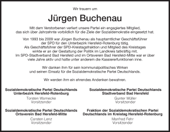 Traueranzeige von Jürgen  Buchenau von Hersfeld