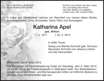 Traueranzeige von Katharina Apel von HERSFELDER ZEITUNG