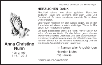 Traueranzeige von Anna Christine Nuhn von HERSFELDER ZEITUNG