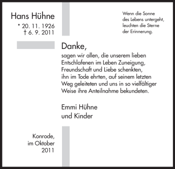 Traueranzeige von Hans Hühne von HERSFELDER ZEITUNG