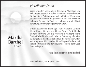 Traueranzeige von Martha Barthel von HERSFELDER ZEITUNG