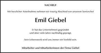 Traueranzeige von Emil Giebel von Hersfeld