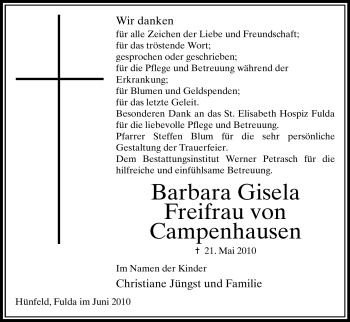 Traueranzeige von Barbara Gisela Campenhausen von HERSFELDER ZEITUNG