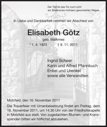 Traueranzeige von Elisabeth Götz von HERSFELDER ZEITUNG