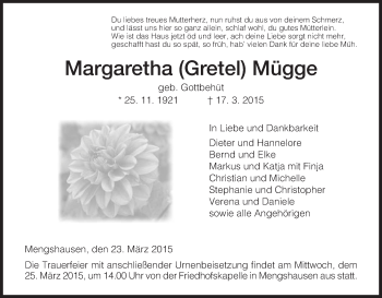 Traueranzeige von Margaretha Mügge von Hersfeld