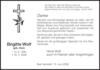 Traueranzeige von Brigitte Wolf von HERSFELDER ZEITUNG