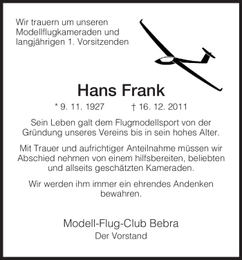 Traueranzeige von Hans Frank von HERSFELDER ZEITUNG