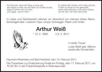 Traueranzeige von Arthur Weiß von HERSFELDER ZEITUNG