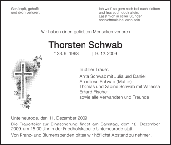 Traueranzeige von Thorsten Schwab von HERSFELDER ZEITUNG